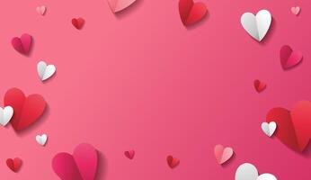 Pink romantic background with paper hearts of red, white and pink colors vector