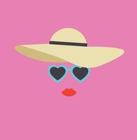 Woman red lips with hearts sunglasses and big hat on a pink background. Cute summer illustration vector