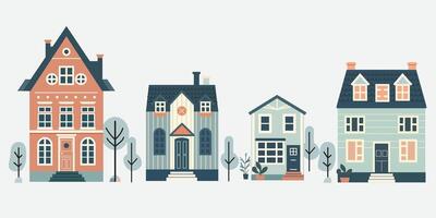 Cute houses, city buildings in Scandinavian style. Flat illustration isolated on white background vector