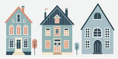 Cute houses, city buildings in Scandinavian style. Flat illustration isolated on white background vector