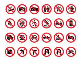 Prohibition signs, safety sign for industry and construction, no smoking, access, photo, camera, phone, dogs, eating, food, drink vector