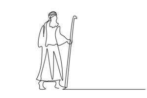 bearded man in old arab suit walks with scepter stick one line art vector