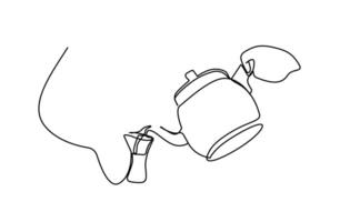 human hold teapot dropping putting tea from teapot to cup line art vector