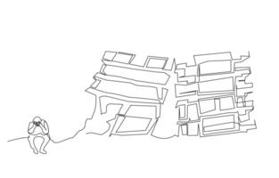 terremoto destruido edificios triste llorando humano línea vector