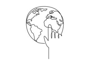 one human hand index finger touching world globe earth map line art vector