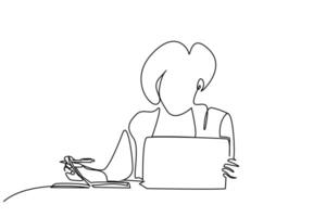 woman business employee desk laptop taking notes holding pen line art vector