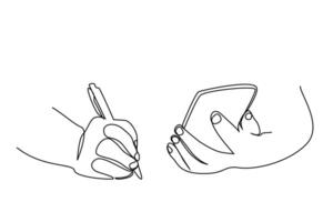 human employee smartphone pen take notes line art vector