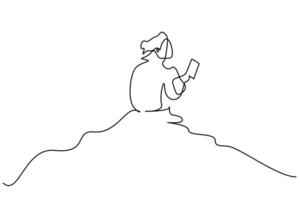 young person outside in nature on the hill calm relax reading a book line art vector