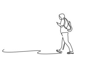 man backpack smartphone texting walking full length line art vector