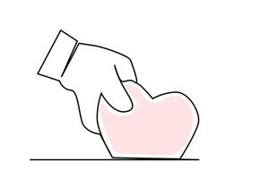 one human hand holding a heart symbol giving a gift voting supporting line art vector