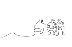 three men people chatting together outside in nature having a good time line art vector