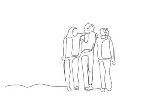 three female friends hugging walking outside one line art design vector