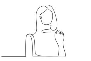 woman stands cautiously worried touching hand fingers line art vector