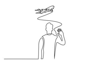 person human plane flying waving goodbye back rear behind line art vector