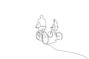 Pareja mujer hombre bicicleta paseo juntos amor fuera de espalda ver uno línea Arte diseño vector