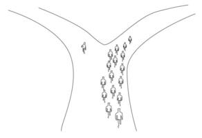 People are walking on the same crowded road. one person chooses a different path goes the other way line art vector