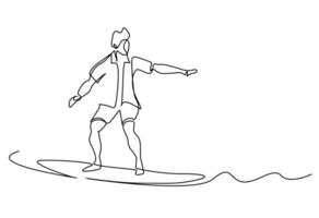 young man happy sea ocean surfing water sport balanced lifestyle line art vector