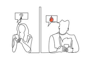 young couple woman man mobile phone texting dialog send flame sign line art vector