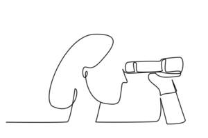 young woman binoculars viewing look face future vision research exploring line art vector