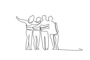 young female male people team teamwork students hugging walking outside posing happy line art vector