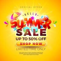 Summer Sale Design with Flower, Beach Holiday Elements and Paper Text Label on Yellow Background. Tropical Floral Illustration with Special Offer Typography for Coupon, Voucher, Banner, Flyer vector