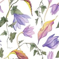 Hand drawn watercolor illustration shabby boho botanical flowers leaves. Purple crocus saffron naked ladies ivy tendrils. Seamless pattern isolated on white background. Design wedding, paper, textile vector