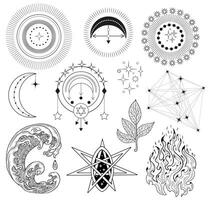 Hand drawn design set with mystical symbols and nature elements vector