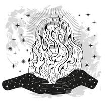Hand drawn illustration with flame and witchy mystical symbols in hands of fortune teller or witch. Tattoo, poster or altar print design concept, esoteric, wicca and gothic background vector