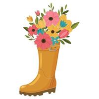 Yellow rubber boot with a bright bouquet of flowers. Colorful illustration. vector