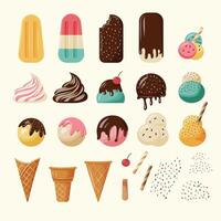 Ice cream designer. Various flavors, cones, toppings and toppings for making ice cream. vector