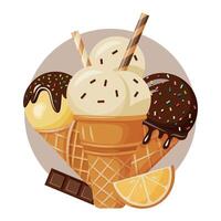 Three types of ice cream with chocolate and a slice of arelsina. vector