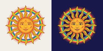 Circular label with sun with smiling face, rainbow. Concept of harmony, good vibes, mood. Groovy, hippie style. For clothing, apparel, T-shirts, kids design vector