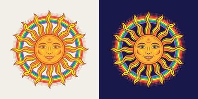 Circular label with sun with smiling face, rainbow. Concept of harmony, good vibes, mood. Groovy, hippie style. For clothing, apparel, T-shirts, kids design vector