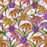 Pattern with rainbow, chamomile flower with stem, gerbera, hearts and paint splatter. Concept of harmony, positivity. Groovy, hippie, naive style for apparel, fabric, textile, surface design vector