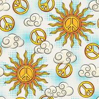 Seamless pattern with sun, peace sign, clouds and halftone shapes. Groovy, hippie style. Good for apparel, fabric, textile vector