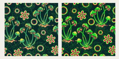 Pattern with fantasy mushrooms, chamomile flower,halftone shapes, circles, outline leaves behind. Bright neon fluorescent colors Good for apparel, fabric, textile, surface design vector