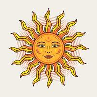 Sun with face, open eyes, smile. Mythological fairytale character, alchemy and astrology symbol. Solar sign. Illustration in vintage style on white background. Groovy, boho, hippie style, kids design vector