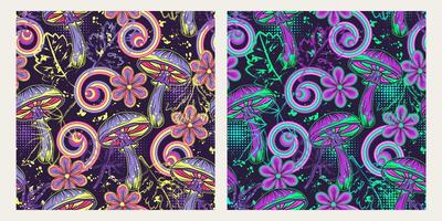 Pattern with fantasy mushrooms, chamomile flower, striped psychedelic spirals, swirls, halftone shapes, paint splatter. Bright neon fluorescent colors Good for apparel, fabric, textile, surface design vector