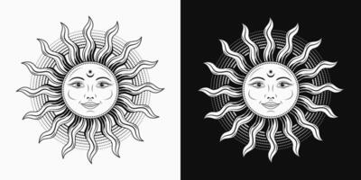 Sun with face, open eyes, smile. Mythological fairytale character, alchemy and astrology symbol. Solar sign. Illustration in vintage style. Groovy, boho, hippie style, kids design vector