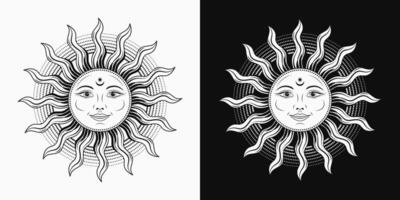 Sun with face, open eyes, smile. Mythological fairytale character, alchemy and astrology symbol. Solar sign. Illustration in vintage style. Groovy, boho, hippie style, kids design vector