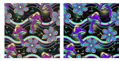 Pattern with fantasy mushrooms, chamomile flower, striped horizontal waves, halftone shapes, paint splatter. Bright neon fluorescent colors Good for apparel, fabric, textile, surface design vector