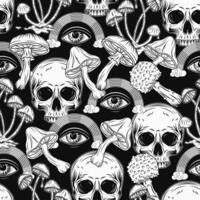 Pattern with rainbow, human skull, mushrooms, third eye. Concept of madness and craziness. Surreal illustration for groovy, hippie, mystical, psychedelic design. Black background vector