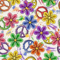 Seamless pattern with peace sign, colorful chamomile flowers, brush strokes, smudge paint, paint splatter. Groovy, hippie, naive style. Good for apparel, fabric, textile, surface design. vector