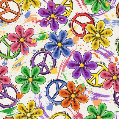 Seamless pattern with peace sign, colorful chamomile flowers, brush strokes, smudge paint, paint splatter. Groovy, hippie, naive style. Good for apparel, fabric, textile, surface design.