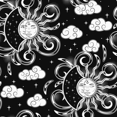 Pattern with eclipse, sun, crescent moon, clouds and stars. Mythological fantasy characters with face. Magic, mystical, astrology concept. For prints, clothing, t shirt, surface design. Retro style