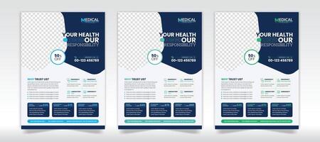 Medical flyer design template with 3 color set vector