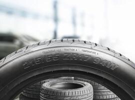 New tires in a tire shop or car service center , Car tire maintenance and servicing concept photo