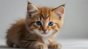 Cute Orange Kitten With Blue Eyes on Isolated Grey Background. Cat looking at Camera, Cat Portrait Photo. photo