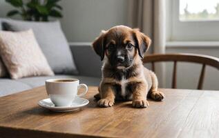 a small puppy near a mug of coffee photo