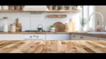 Wood table top on blurred kitchen background. photo